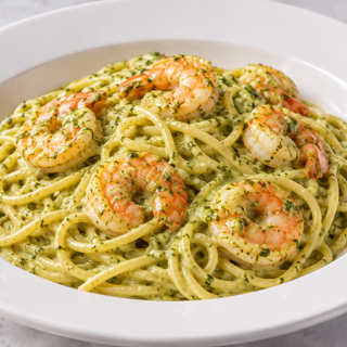 Spaghetti pesto & shrimp